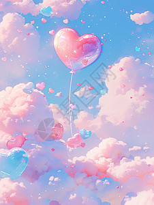 卡通漂浮彩虹粉色唯美的天空上漂浮着爱心气球卡通场景插画