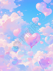卡通漂浮彩虹粉色梦幻的天空上漂浮着爱心气球卡通场景插画