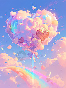 卡通漂浮彩虹粉色梦幻唯美的天空上漂浮着爱心气球卡通场景插画
