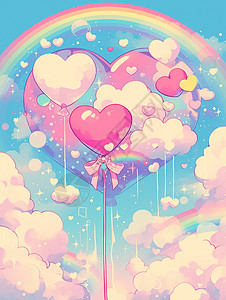 粉色梦幻唯美的天空上漂浮着爱心气球卡通场景高清图片