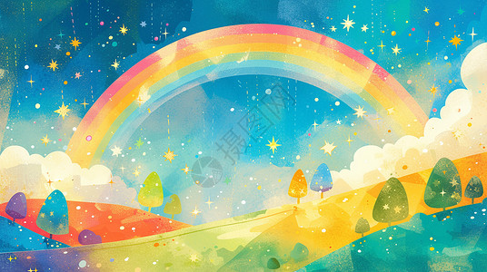 闪闪的天空中一道美丽的卡通彩虹高清图片