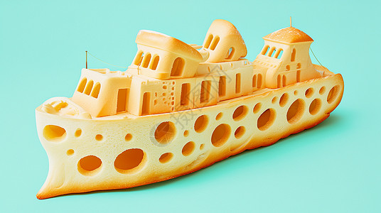 创意别针造型轮船造型的面包美食插画