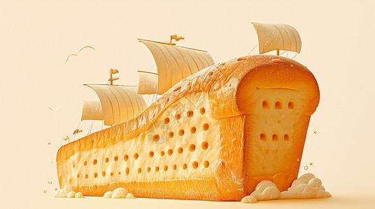 创意别针造型轮船造型美味的面包插画