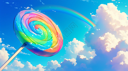 彩色烟云与糖果蓝天下一个彩色圆圆的美味的卡通棒棒糖插画