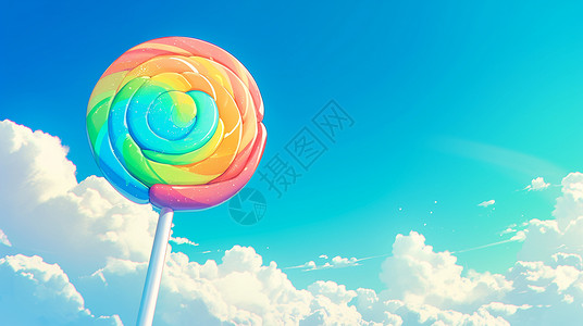 彩色彩虹边框蓝天下一个圆圆的美味的卡通棒棒糖插画