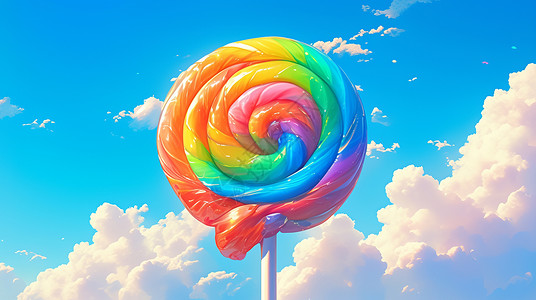 彩色彩虹蓝天下一个彩色的美味的卡通棒棒糖插画