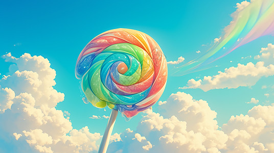 彩色彩虹蓝天下一个彩色圆圆的美味卡通棒棒糖插画