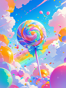 棒棒糖图片云朵间彩色美丽的卡通棒棒糖插画