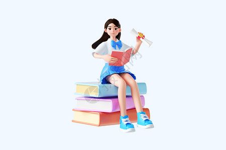 版可爱女学生3d立体卡通可爱形象看书女学生插画