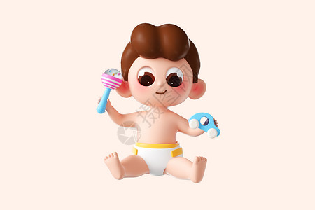 c4d人物图片3d立体卡通可爱母婴形象拿玩具婴儿插画