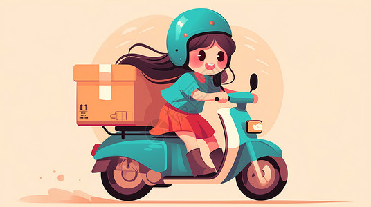 电动车卡通头上戴着绿色头盔骑车送快递的卡通女孩插画