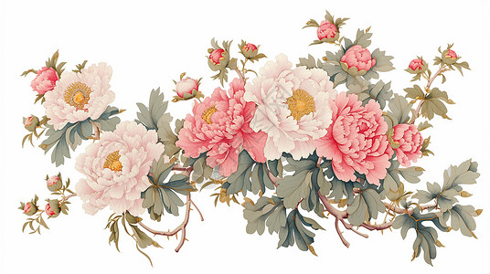 洛阳牡丹花一簇盛开的淡粉色卡通牡丹花插画