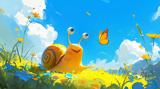 在草地上爬行的卡通小蜗牛与蝴蝶插画