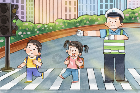 全国交通安全反思日手绘水彩全国安全日之学生过马路场景插画插画