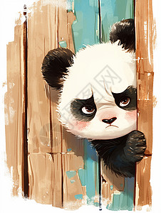 我在呢表情在木门后生气表情的卡通大熊猫插画