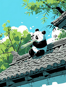 大熊猫吃竹子坐在古风屋顶上开心吃竹子的卡通大熊猫插画
