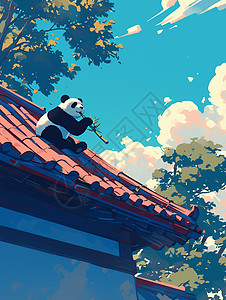 坐在古风屋顶上吃竹子的卡通大熊猫背景图片