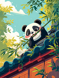 大熊猫吃竹子卡通熊猫坐在屋顶上开心吃竹子插画