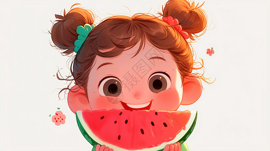 在家吃瓜的女孩梳着两个小辫子开心吃西瓜的卡通女孩插画