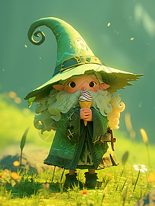 绿色斗篷戴着魔法帽子的可爱卡通魔法师插画