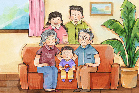 想家人手绘水彩中国人口日之一家五口人室内场景插画插画