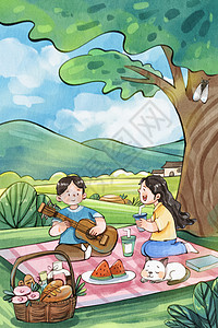 人物野餐素材手绘水彩夏天人物小暑野餐治愈插画插画