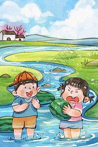 手绘水彩夏天小暑儿童抱着西瓜可爱治愈插画高清图片