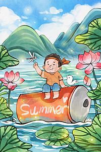 手绘水彩夏天饮料瓶与荷叶荷花男孩治愈系插画高清图片