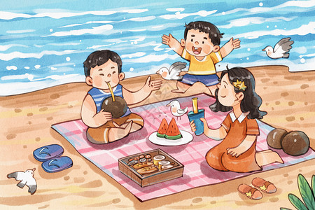 水彩大海手绘水彩夏天之一家人在海边度假与海鸥治愈系插画插画