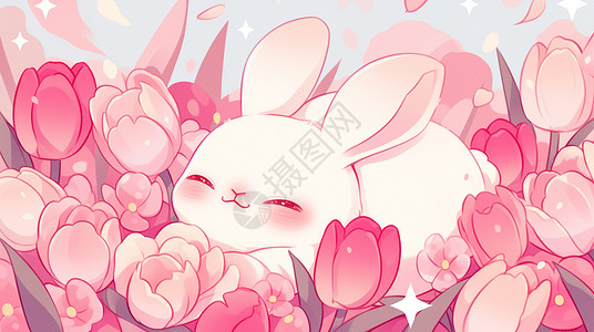 香花槐趴在粉色郁金香花丛中的可爱卡通白兔插画
