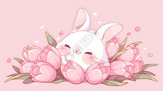 郁金香花背景趴在粉色郁金香花丛中的卡通小白兔插画