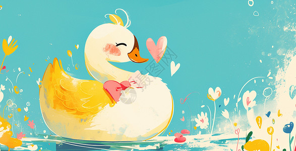 水中鸭子可爱的卡通鸭子悠闲的在水中游泳插画