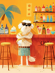 在酒吧素材戴着黑色墨镜站在酒吧吧台前的卡通小白狗插画
