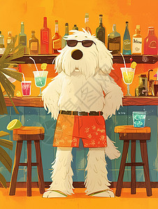 在酒吧素材戴黑色墨镜站在酒吧吧台前的卡通小白狗插画
