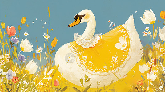 黄嘴鹅在花丛中的卡通大白鹅插画