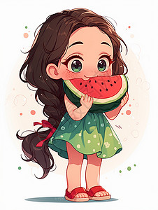 啃一口西瓜夏天开心吃西瓜的大眼睛卡通小女孩插画
