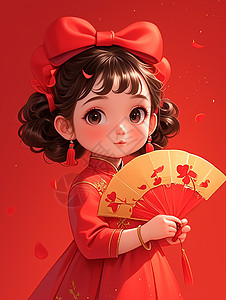 女孩手拿身穿红色服装拿扇子的可爱卡通小女孩插画