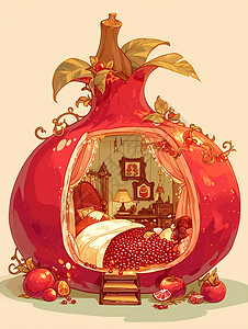 红珍珠石榴石榴主题红色调卡通小卧室插画