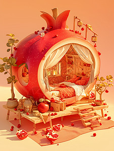 红瓦房子石榴创意红色调卡通小卧室插画