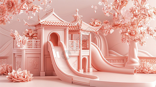 粉色调唯美的立体卡通儿童滑梯背景图片