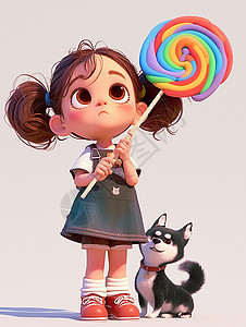 彩色烟云与糖果拿彩色棒棒糖可爱的大眼睛卡通小女孩与她的宠物狗插画