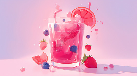 柠果夏日饮品粉色美味的卡通水果汁插画