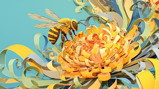 可爱的卡通小蜜蜂飞舞在衍纸花丛中高清图片