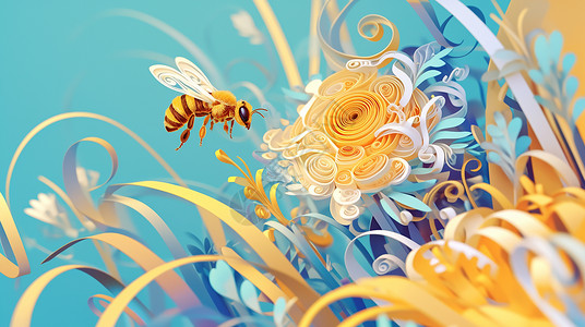 无纸卡通小蜜蜂飞舞在衍纸花丛中插画