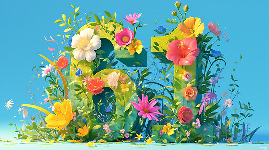 卡通61数字布满花朵插画