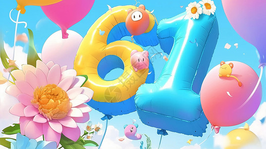 六一儿童节彩色气球立体可爱的卡通气球背景图片