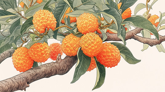 果实水果国风结满果实的卡通荔枝树插画
