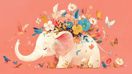 粉色的小花可爱的卡通白象身上驮着很多彩色的小花插画