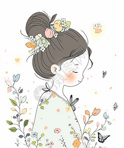 侧面蝴蝶素材手绘风穿着碎花上衣微笑的卡通女孩插画