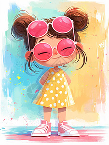 儿童墨镜戴着墨镜身穿波点连衣裙微笑可爱的卡通小女孩插画